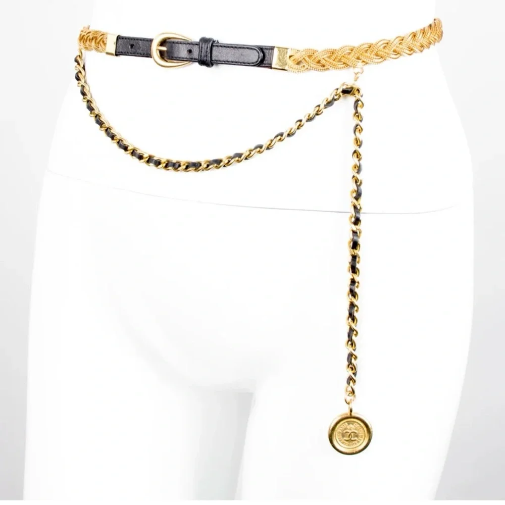 Authentic CHANEL vintage black leather chain belt 80cm